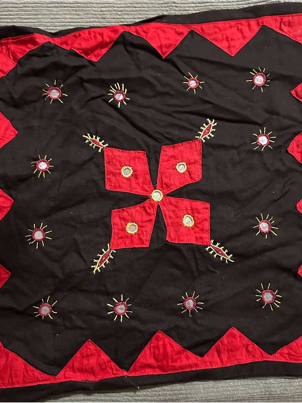 Handcrafted Red and Black Decorative Pillow Cover with Embroidered Accents